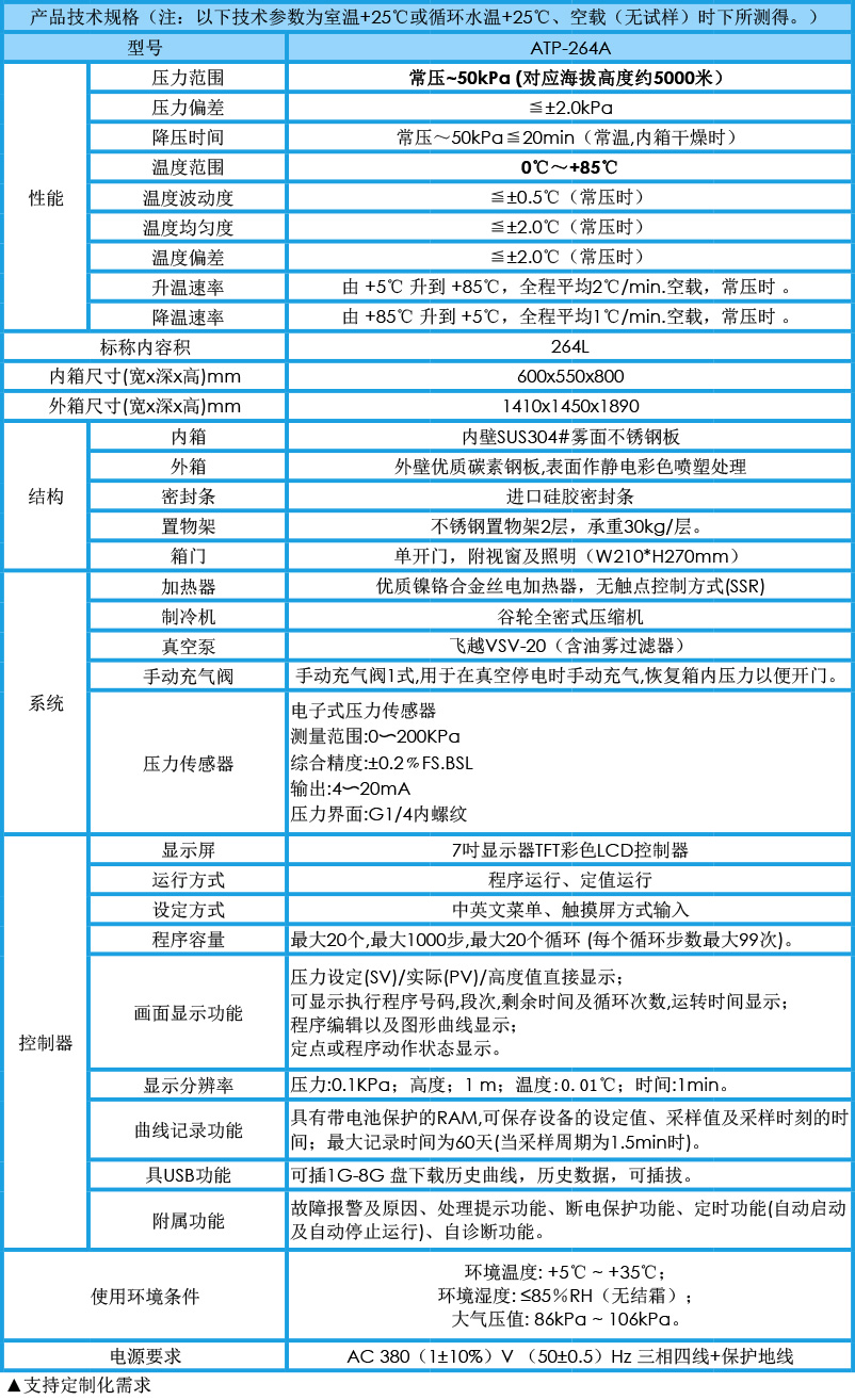 高低温低气压试验箱ATP-264A参数